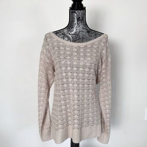 Soho NY&Co Crochet Top Beige PeekaBoo Long Sleeve Round Neck Banded Hem